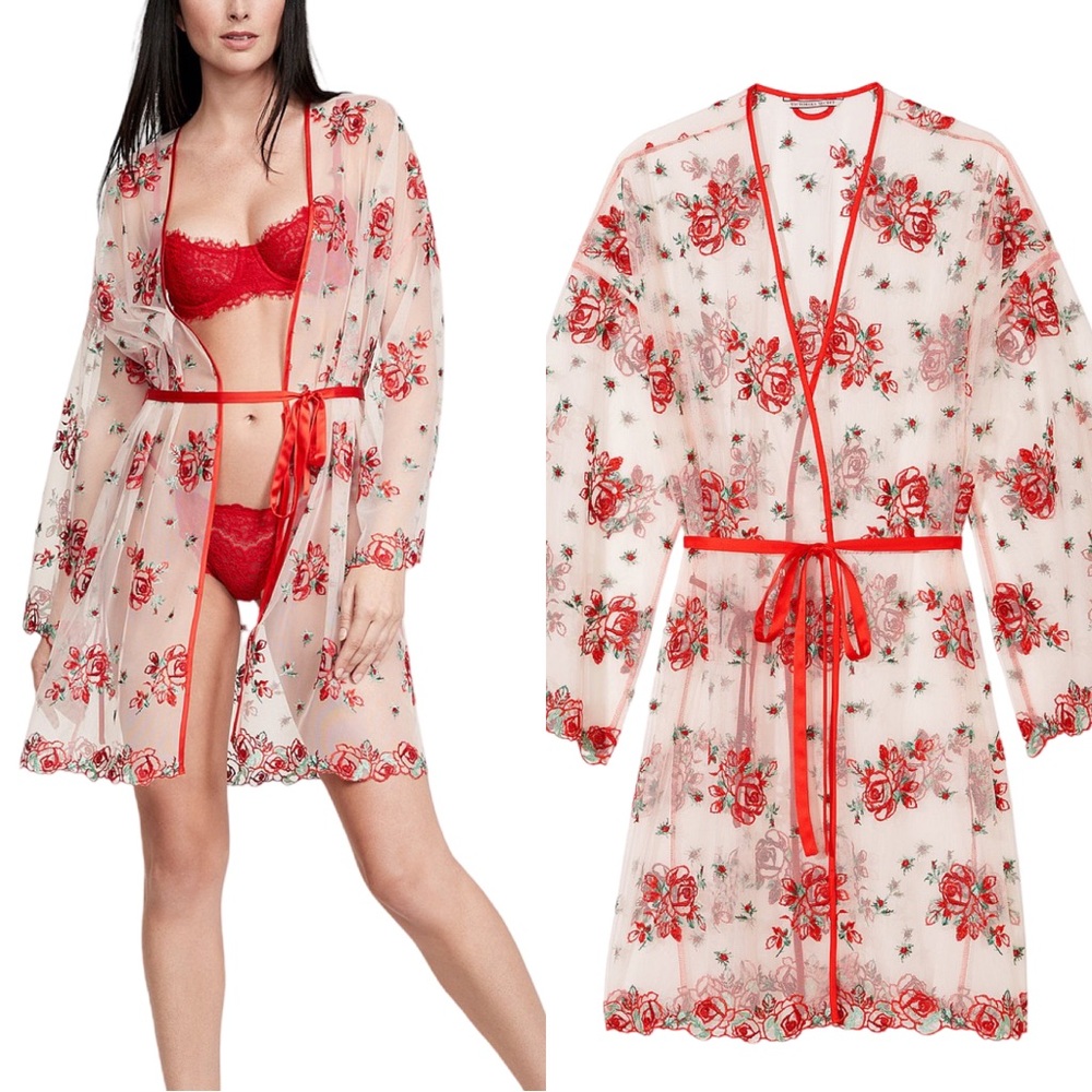 Victoria’s Secret Floral Embroidered Sheer Mesh Robe Valentines Intimate Red M L